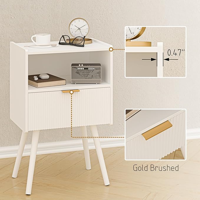 White Nightstand,Modern Bedside Table with Storage Drawer and Open Wood Shelf, for Living Room, Bedroom and Small Spaces, Accent Night Stand with Solid Wood Legs, Easy Assembly,Classic White