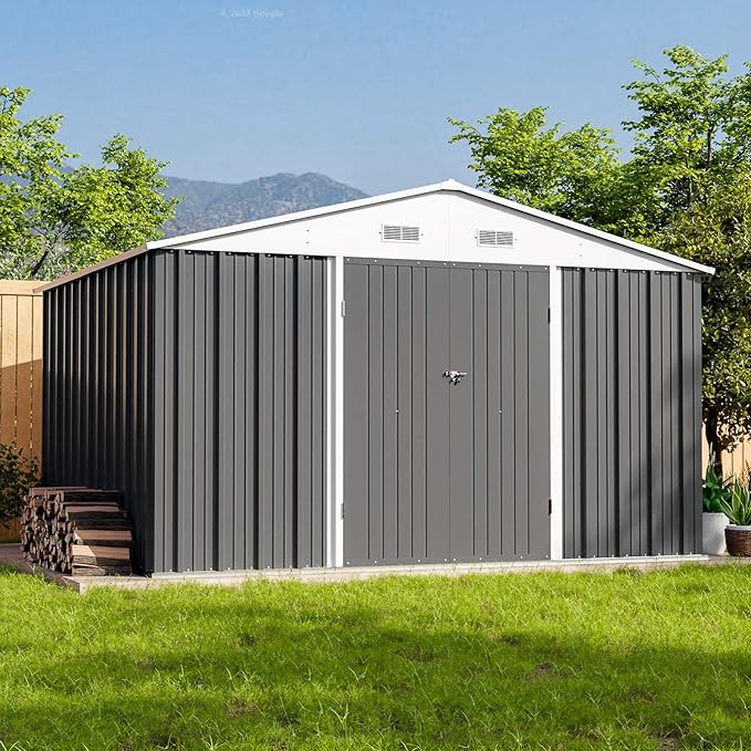 Patiowell 10 x 8 FT Outdoor Storage Shed with Floor Frame, Large Garden Tool Metal Shed with Sloping Roof and Double Lockable Door for Backyard Garden Patio Lawn,Grey