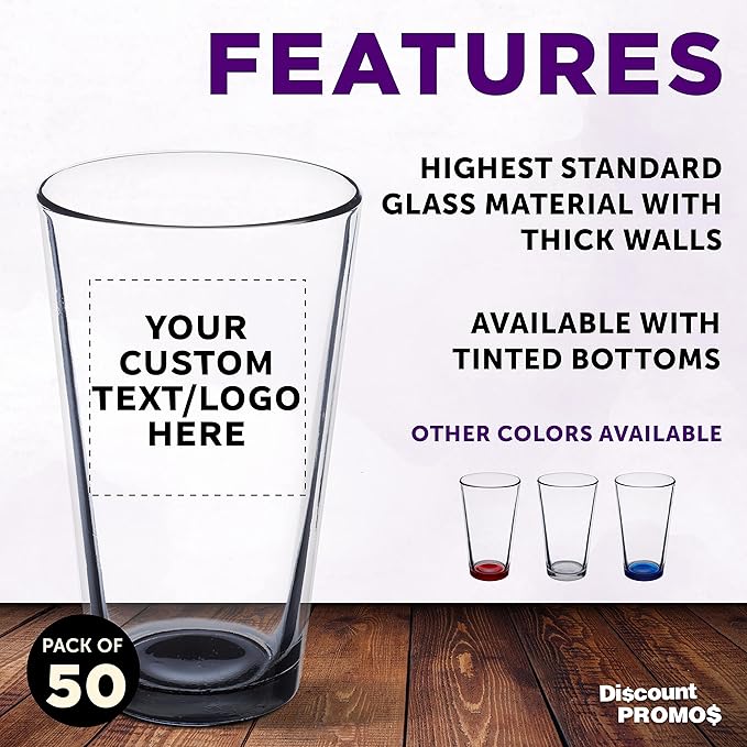Custom Libbey Pint Glass 16 oz. Set of 50, Personalized Bulk Pack - Beer Glasses, Heavy Duty Drinkware - Black