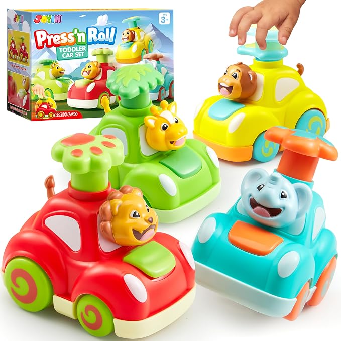 JOYIN Animal Toy Cars, Toddler Toys for Boys Girls, 4 Pack Press and Go Cars Including Elephant, Monkey, Giraffe and Lion, Wind Up Toddler Gift, Birthday Gift for Kids