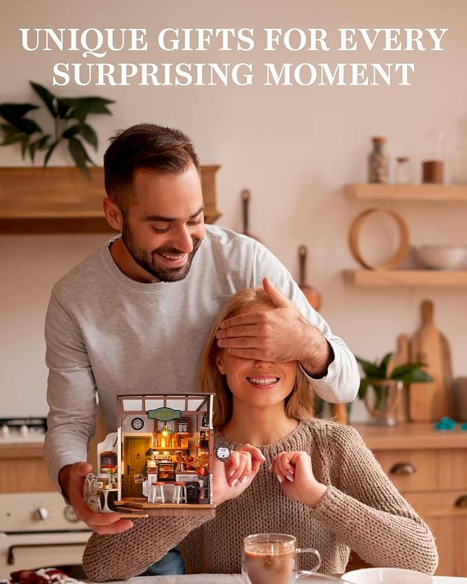 Robotime DIY Miniature House Kit, 1:18 Coffee Shop Diorama Dollhouse with LED Lights, 3D Wooden Puzzle Diorama for Adults, Craft Hobby Gift for Women Men Teens