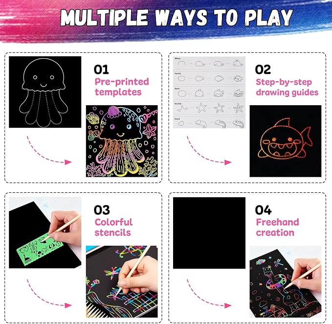 Scratch Art for Kids, Funtopia 100 Sheets Rainbow Scratch Paper, Black Scratch Off Paper Craft Kits, School Art Supplies Classroom Prizes Travel Toys Birthday Party Gifts, for Boys Girls ages 4-8 8-12