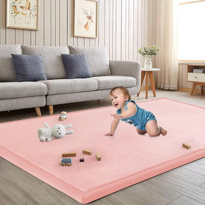 Baby Play Mat for Floor Nursery Rug Muscle Mat Area Rug Playroom Rug 79"x158" Playpen Mat Elastic Foam 1.3" Thick Crawling Mat for Babies,Toddlers, Infants, Kids,Light Pink