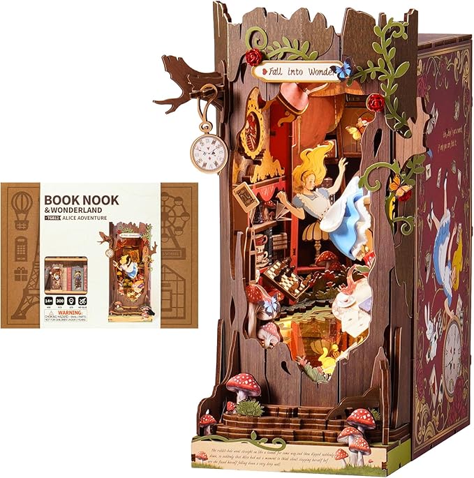 ROBOTIME Book Nook Kit, Fairy Tale Princess DIY Miniature House Kit, Fall into Wonder 3D Wooden Puzzle Bookends, Tiny House Bookshelf Decor Creative Decorative Unique Gifts for Adults & Teens