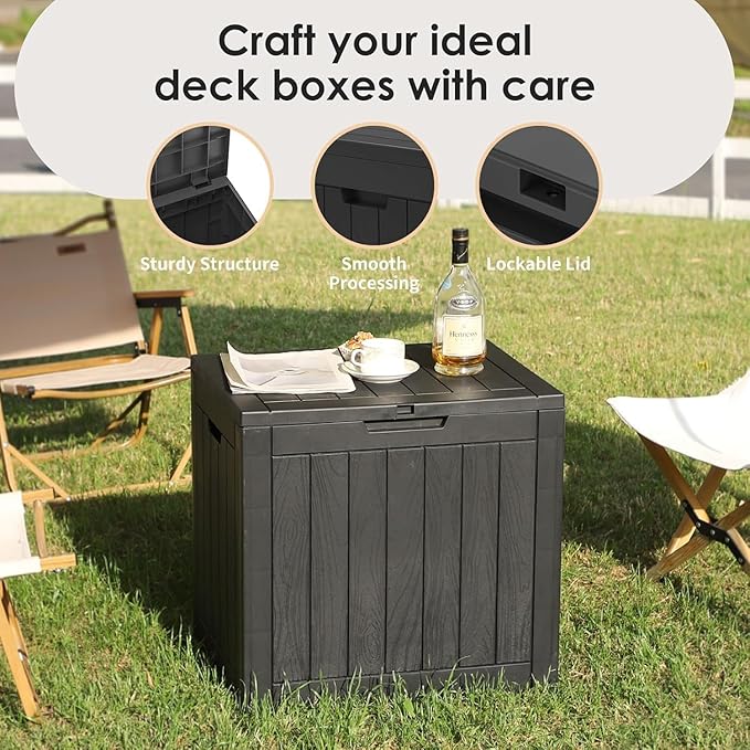 Outdoor Storage Box, 35 Gallon Resin Deck Box Waterproof for Patio, Poolside and Garden, Lockable UV-Resistant Storage Bin Bench Cabinet for Small Spaces, Black