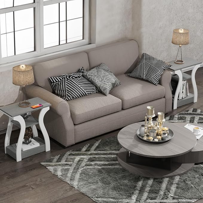 End Tables Living Room Set of 2,Grey End Table with Charging Station,Grey Side Table, Nightstand for Bedroom, 3 Tier End Table with Storage Shelf for Living Room