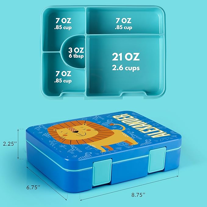Personalized Bento Box for Kids with Safari Icon and Name - Yellow - 5 Compartments Drop-Proof Bento Box, Dishwasher Safe, Made with BPA-Free Materials, Bento Lunch Box for Kids and Toddlers