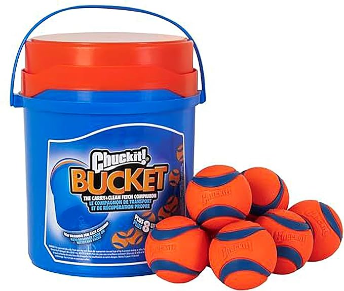 Chuckit! Ultra Ball Dog Toy with Chuckit! Cleaning Bucket, Bouncy Fetch Pet Toys For Dogs 20-60 lbs, Interactive Dog Toys, Durable Rubber, Size Medium, 2.5-inch Diameter, 8-Pack of Balls