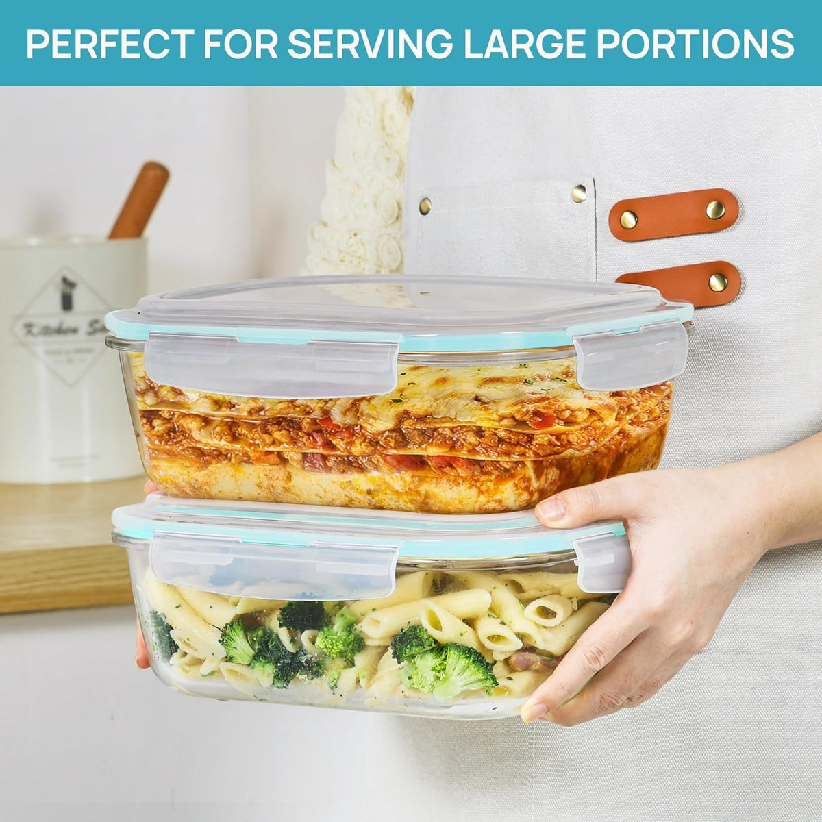 Vtopmart 2Pack 2260ml/ 76.4oz Large Glass Storage Containers with Lids, Meal Prep Food Container Set with Snap Airtight Lid for Baking, Microwave, Oven, Leak Proof, for Freezer, Dishwasher, Green