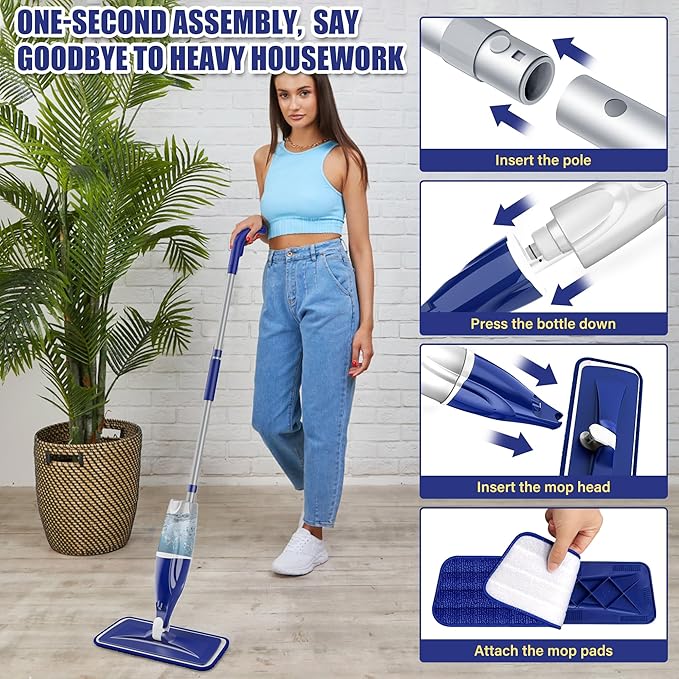 Microfiber Spray Mop for Floors Cleaning: Wet Dry Hardwood Floor Mops with 3 Washable Reusable Pads for Swiffer Powermop - Flat Mop with Sprayer for Tile Wood Laminate Vinyl Marble