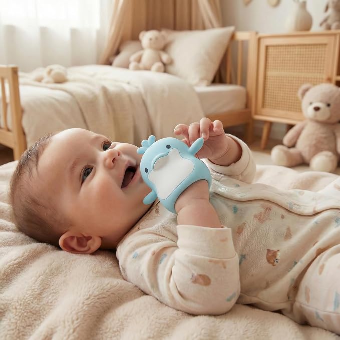 Baby Teething Toys for 3-6 Months Silicone Teething Mittens for Babies Food Grade Silicone Teether (Dolphin Ocean Blue)