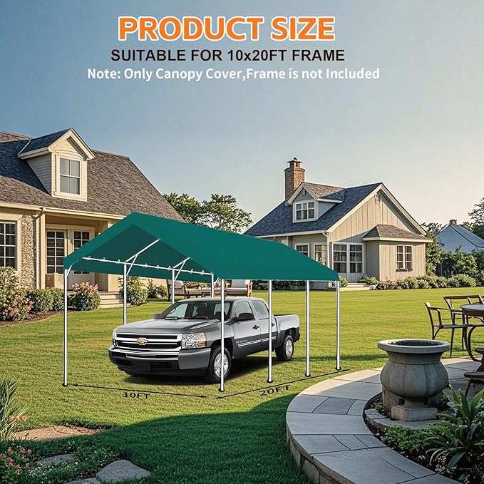 10'x20' Carport Replacement Top Canopy Cover for Car Garage Top Tarp Shelter, Waterproof Car Cover Tent for Party Garden Boat with Ball Bungees (Frame is not Included) (Greem, 10' x 20')