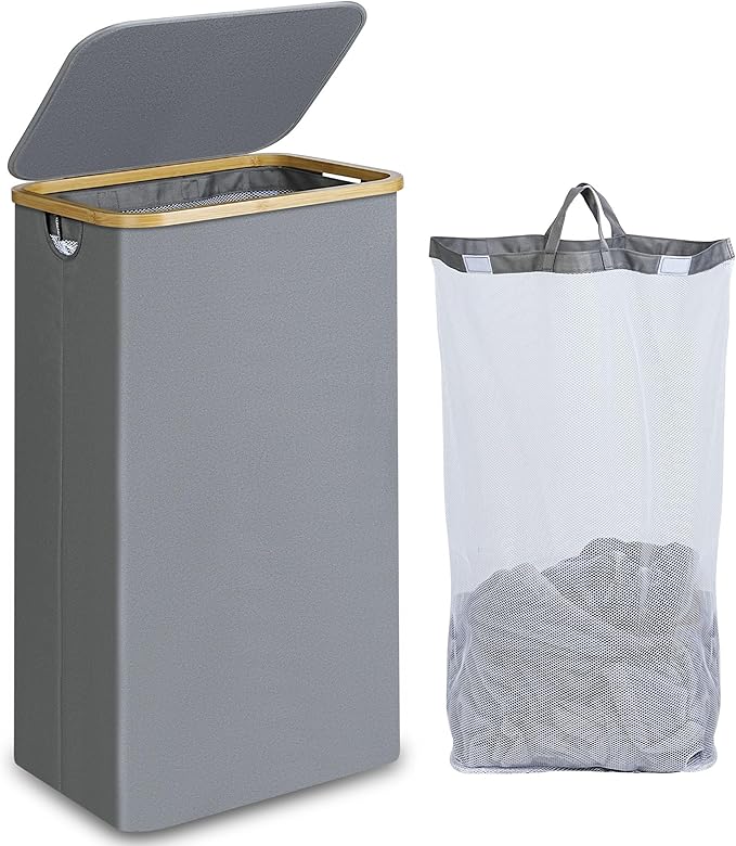 efluky Laundry Basket with Lid and Removable Bag, 100L Tall Laundry Hamper with Bamboo Handles, Aesthetic Dirty Clothes Bin for Laundry Room, Bathroom, Bedroom and Dorm, Silver Grey