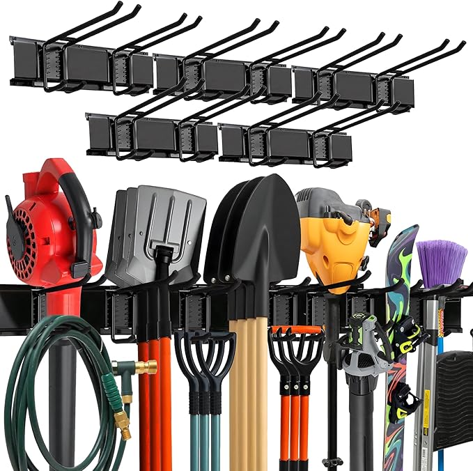TIDYME Garage Wall Organizer | 80" Heavy-Duty Tool Storage Rack | Adjustable Double-Layer Hooks | 500 lbs Capacity | Carbon Steel Wall Mount Holder for Shovels, Rakes, Ladders & Power Tools