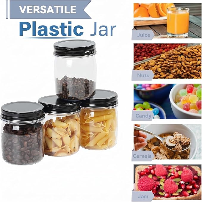 novelinks 8 oz Clear Plastic Jars with Airtight Lids, 16 Pack Plastic Mason Jars with Lids 8oz, Refillable Storage Slime Containers & Small Spice Jar for Kitchen Organization (16 Pack,Black)