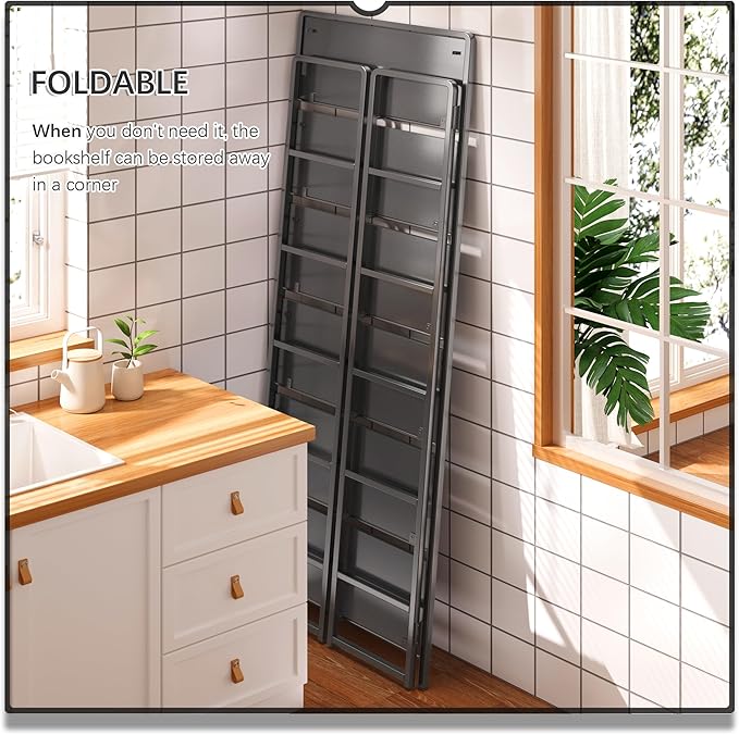 4NM No Assembly 6 Tiers Folding Bookshelf Storage Shelves Vintage Bookcase Standing Racks Study Organizer Home Office (All Black)