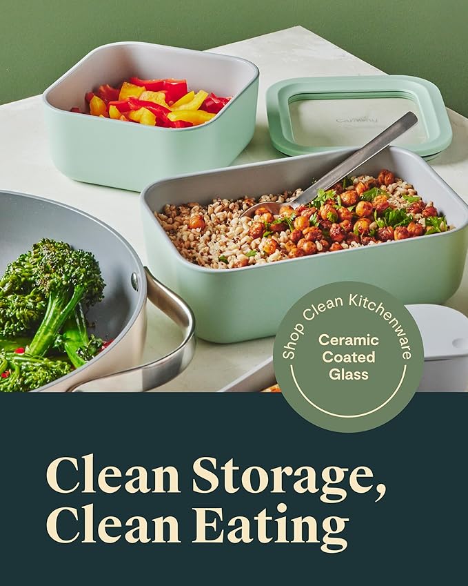 Caraway 6pc Glass Food Storage Set – 6.6 Cup Food Containers (6) - Ceramic Coated - Non Toxic, Non Stick with Lids - Microwave Safe - Navy