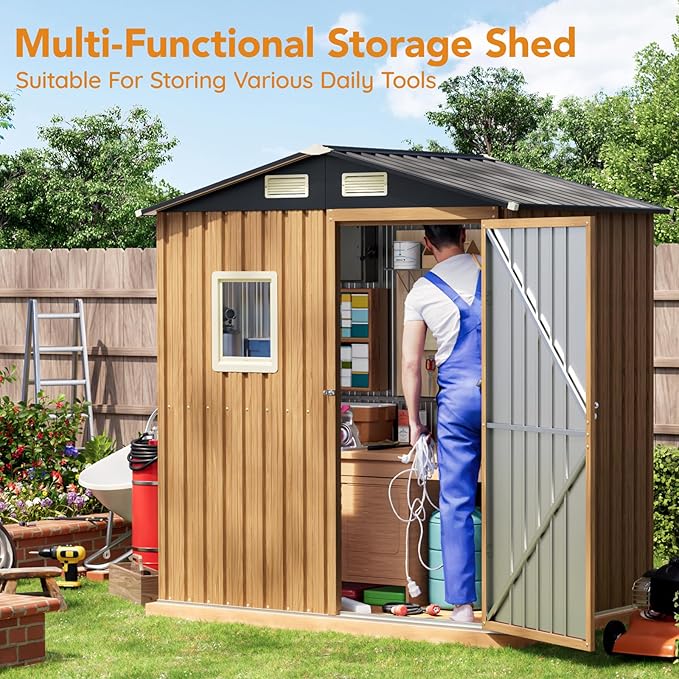 6X4FT Garden Storage Shed with Lockable Door,Steel Tool Shed with 1 Clear Window, Anti-Corrosion Metal Shed for Backyard Patio Lawn (Light Wood Grain)