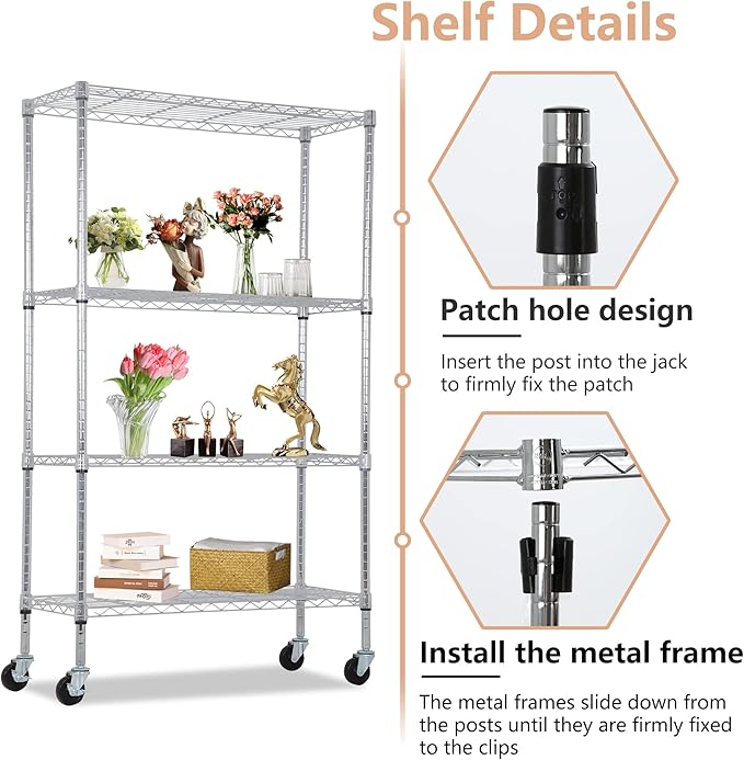 BestOffice | 4-Tier Wire Storage Shelves with Wheels | 36x14x62 | Chrome | Adjustable Racks | Heavy-Duty Metal Shelf, Holds Upto 500 lbs | No-Tool Assembly | Ideal for Home & Garage Shelving