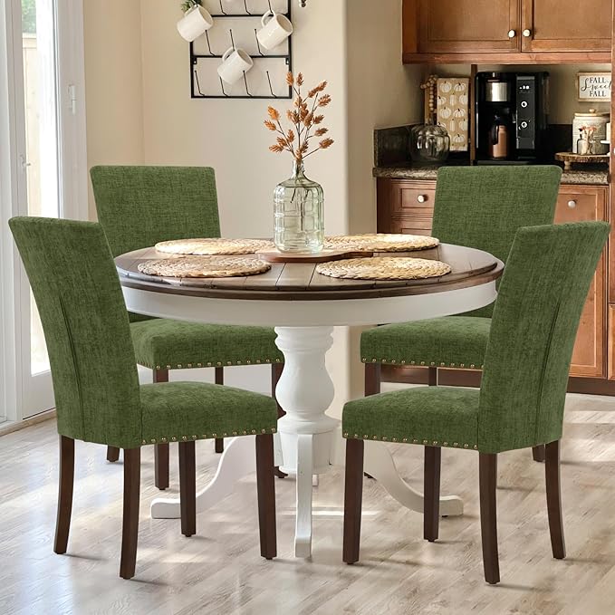 COLAMY Upholstered Parsons Dining Chairs Set of 4, Fabric Dining Room Kitchen Side Chair with Nailhead Trim and Wood Legs - Green
