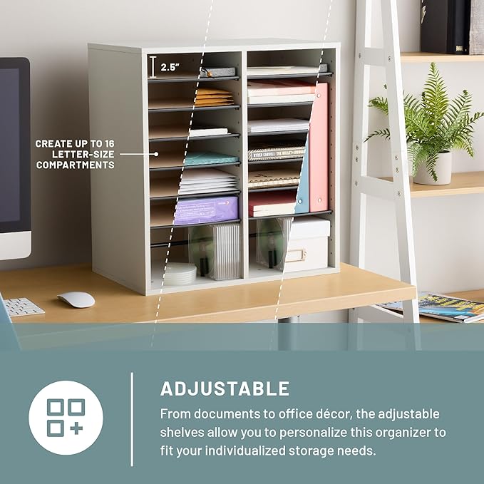 Safco 9422GR Wood Adjustable Literature & Paper Organizer, 16 Adjustable Compratment, Stackable Durable Construction, Home, Office, Mailroom, Classroom Mailbox , Gray