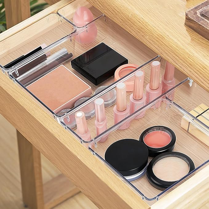 13 PCS Drawer Organizer Set, 5 Varied Size Bathroom and kitchen Drawer cabinet organizer Trays, Clear Storage Bins for Makeup, Jewelry, Utensils and Gadgets