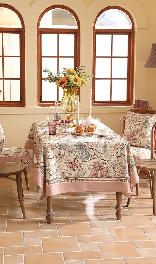 patdrea Designer Pink Linen Table Cloth for Sqaure Table,French Tablecloth with Birds Pattern,Small Colorful Decoration Cover for Kitchen Dining,Christmas,Party,Thanksgiving,55"x55"-Kulom a