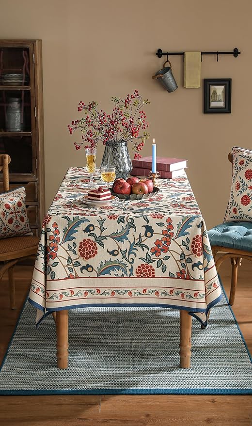 patdrea Designer Vintage Linen Long Tablecloth for Rectangle Table,French Soft Durable Floral Tablecloths,Colorful Table Cover for Kitchen Dining,Parties,Christmas,Thanksgiving,63"x102"-Puno