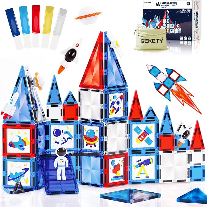 Magnetic Tiles - 58 Pcs Space Magnets Building Blocks Set - Sensory Travel Toys for Toddler - STEM Construction Playboards Stacking Toy - DIY Window Art - Birthday Gifts for Boy, Girl, Kids Ages 3-12