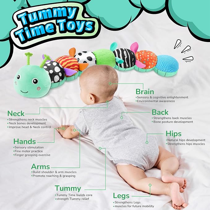 LIGHTDESIRE Baby Toys 6-12 Months Musical Caterpillar,Stuffed Animals Infant Toys 0-6 Months Sensory Toy with Ruler Design,Crinkle&Ring Bell,Baby Teething Toys for Tummy Time Boy Girl Gifts (Blue)