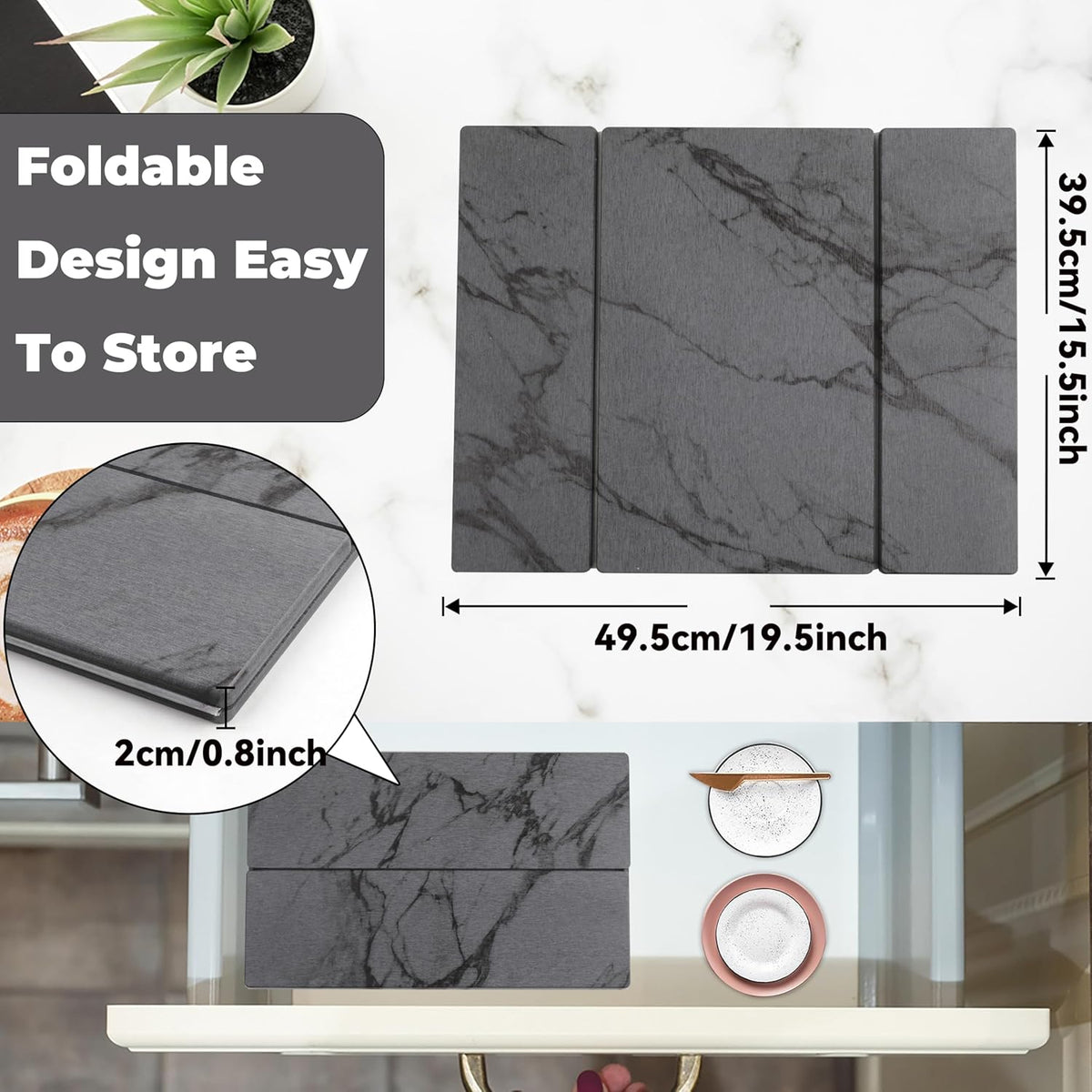 Quick Dry Collapsible Dish Drying Mat, Eco-Friendly Absorbent Diatomaceous Earth Mats for Dishes Bottles Cups 20"×16"Large Stone Dish Drying Mats for Kitchen Counter (Gray, 20"（L）×16"（W）)