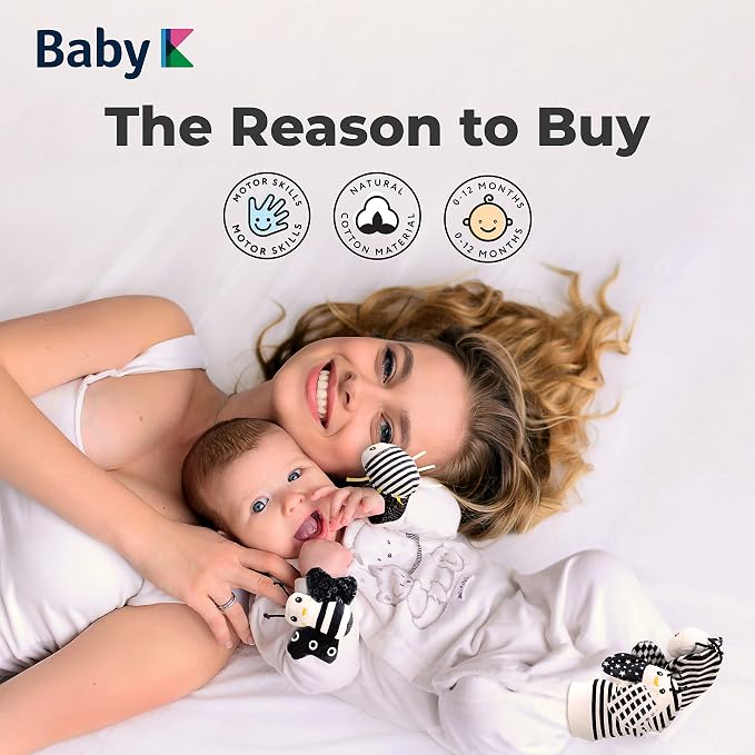 BABY K Baby Rattle Socks & Wrist Toys (Set E) - Newborn Toys for Baby Boy or Girl - Brain Development Infant Toys - Hand and Foot Rattles Suitable for 0-6, 6-12 Months Babies - Newborn Baby Gifts
