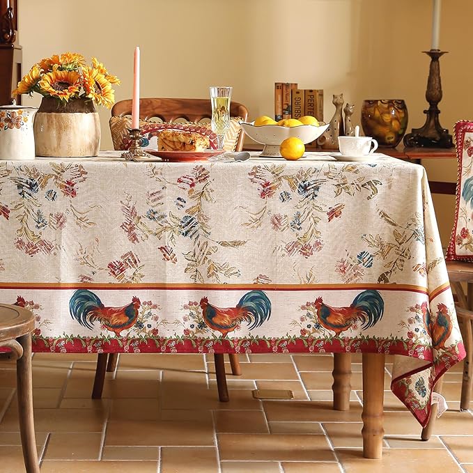 patdrea Designer Linen Tablecloth for Rectangle Table,Red Vintage Animals Pattern Floral Tablecloths,Decor Table Cover for Kitchen Dining Christmas,Tea Party,Thanksgiving,Party,63"x87"-Townlife E