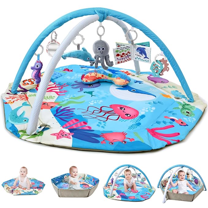 Baby Gym Play Mat, 8-in-1 Tummy Time Mat & Activity Gym, Washable Ball Pit, Infant Play Mat with Detachable Toys for Sensory Exploration and Motor Skill Development