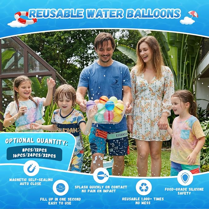 Reusable Water Balloons, Self-Sealing Refillable Magnetic Water Balls, Pool Beach Water Toys for Boys and Girls, Outdoor Summer Toys for Kids Ages 3+ (16 PCS)