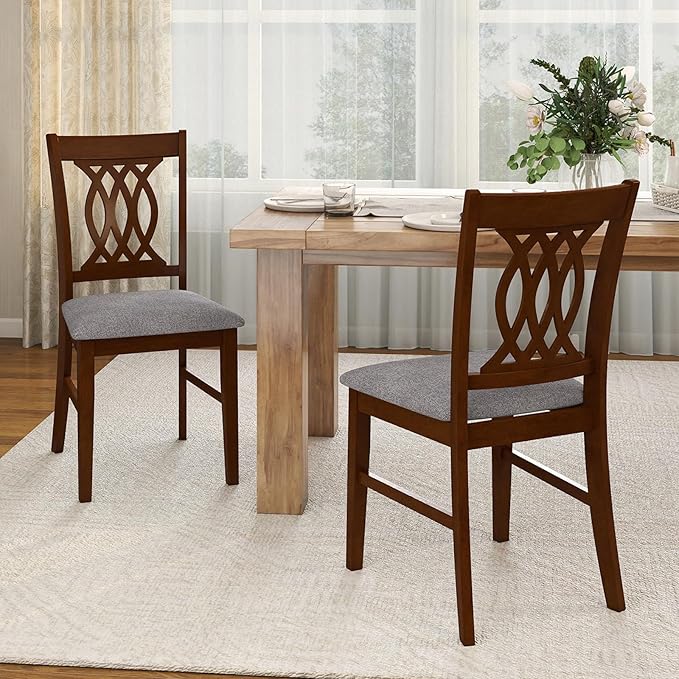 Giantex Upholstered Dining Chairs Set of 4, Farmhouse Fabric Side Chairs w/Cushioned Seats, Patterned Backrests, Sturdy Rubber Wood Frames, Wooden Accent Chairs for Kitchen, Dining Room