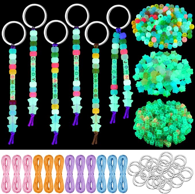Landical 564 Pcs Glow Beads Keychain Making Kit DIY Glow in The Dark Key Chain Craft Adjustable Letter Bead Charm Neon Theme Party Favor Gift Backpack Accessories Holiday Decoration(Adorable Color)