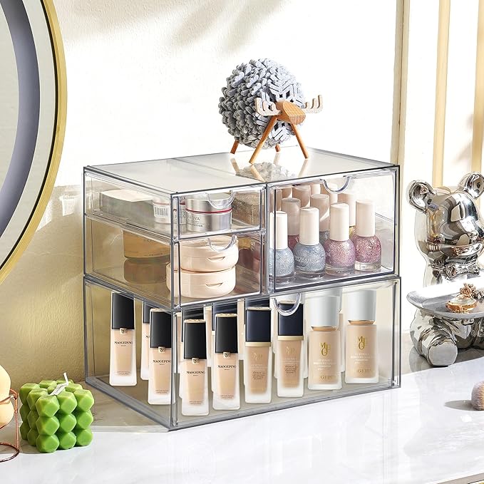 Prsildan Acrylic Drawer Makeup Organizer with 4 Drawers, Set of 2 Office Desk Organizers Accessories, Clear Stackable Storage Drawers for Vanity, Countertop, Craft, Jewelry, Art Supply Organization