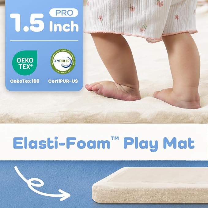 1.5" Thick Padded Baby Play Mat for Floor Tummy Time, Pro Soft Foam Activity Playroom Playmats, Easy Care with Non-Slip Safe for Infant Toddler Kids Crawling 39"x 59" (Beige)