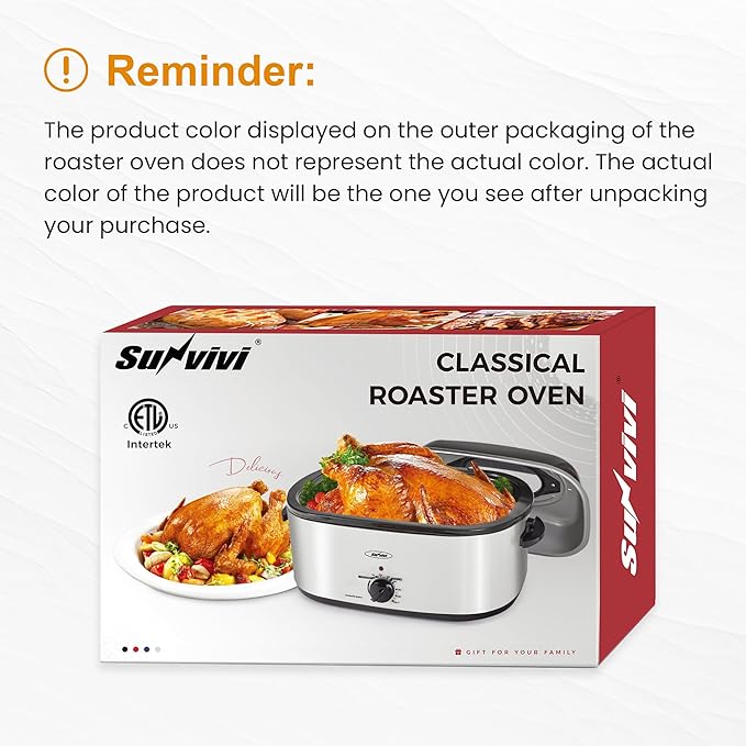 Royalcraft Roaster Oven with Self-Basting Lid, 18qt Electric Roaster with Removable Pan & Rack, Turkey Roaster Oven with Defrost & Warm Function, Stainless Steel, White