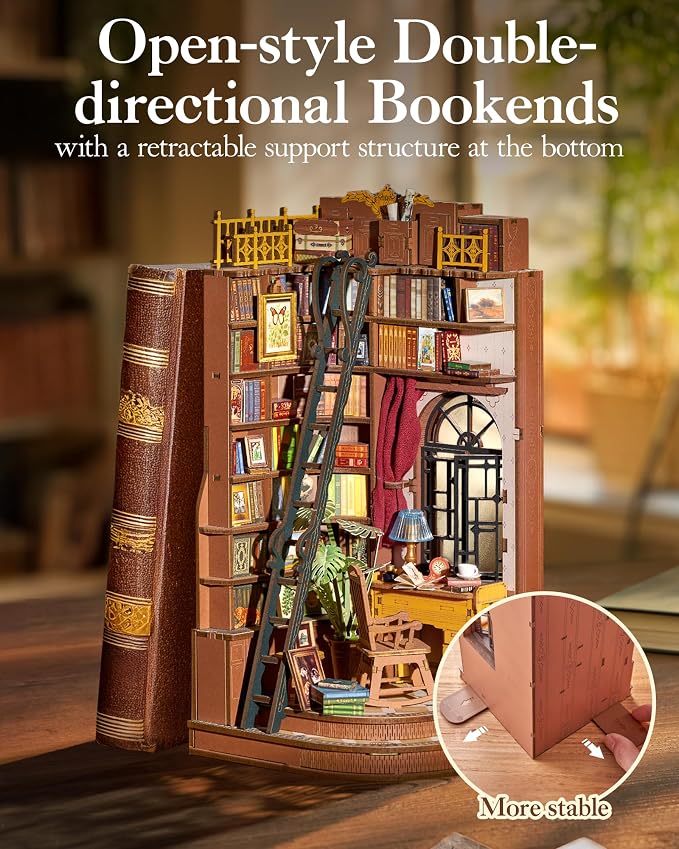 ROBOTIME Book Nook Kit, DIY Miniature House Kit, 3D Wooden Puzzle Bookends,Bookshelf Decor, Simple Assembly Dollhouse Kit, Creative Unique Gifts for Adults/Teens/Beginner (Silent Corner Study)