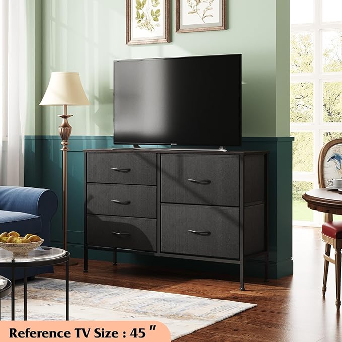 WLIVE Dresser for Bedroom with 5 Drawers, Wide Bedroom Dressers with Drawer Organizers, Chest of Drawers, Fabric Dresser for Living Room, Closet, Hallway, Charcoal Black