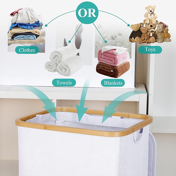 110L Laundry Hamper with Lid，Dirty Clothes Hampers for Laundry,Laundry Basket with Bamboo Handles and Removable Bag,Hamper for Bedroom, Bathroom, Dorm, Laundry Room, White