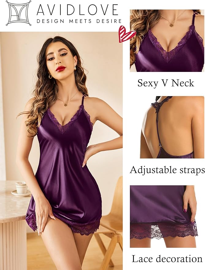 Avidlove Women Lingerie Satin Lace Chemise Nightgown Sexy Full Slips Sleepwear S-4XL