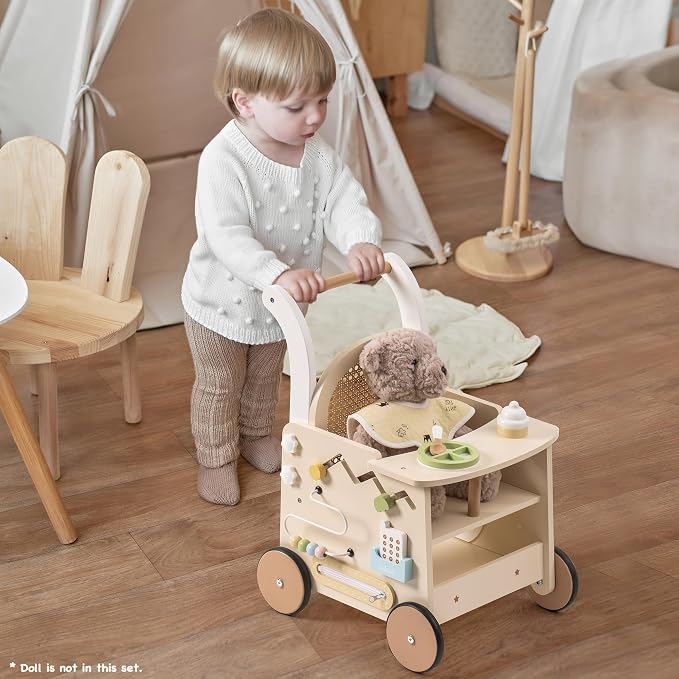 ROBOTIME Wooden Baby Walker, Baby Push Walker, Baby Activity Center Toys - Toddler Walking Activity Center Push Toys with Safety Brake, Baby Walker for Motor Skills (Rattan Doll Walker)