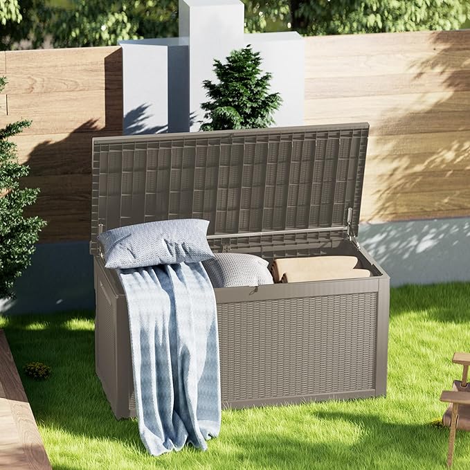 Outdoor Storage Deck Box Waterproof, 320 Gallon Large Lockable Patio Storage Bin Chest, Resin Outside Container Seat Bench for Furniture Cushions, Pool Accessories, Garden Tools & Delivery, Grey