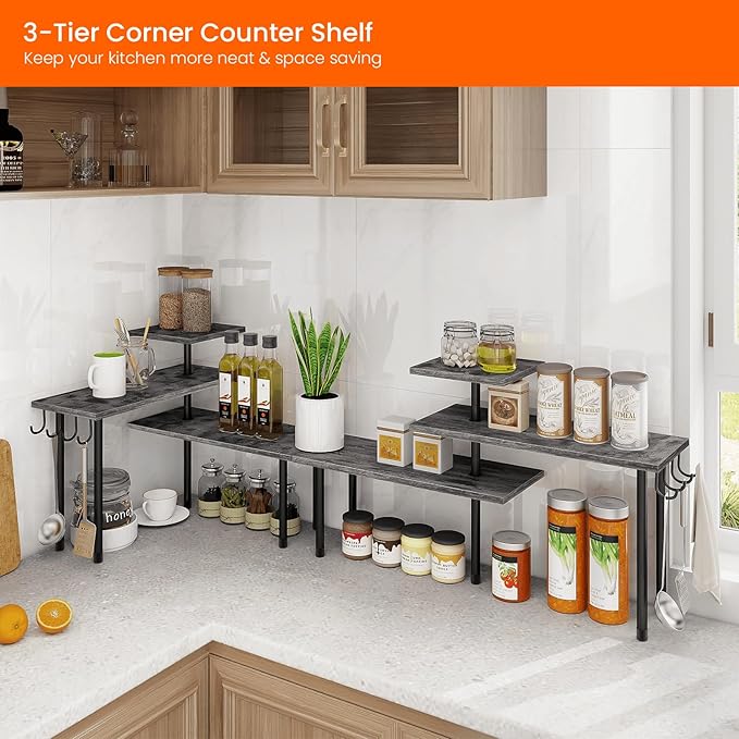 Homode Kitchen Countertop Organizer, 3 Tier Corner Shelf Bathroom Counter Organizer, Wooden Counter Shelf Stand Space Saver, Easy Assembly, Rustic Grey