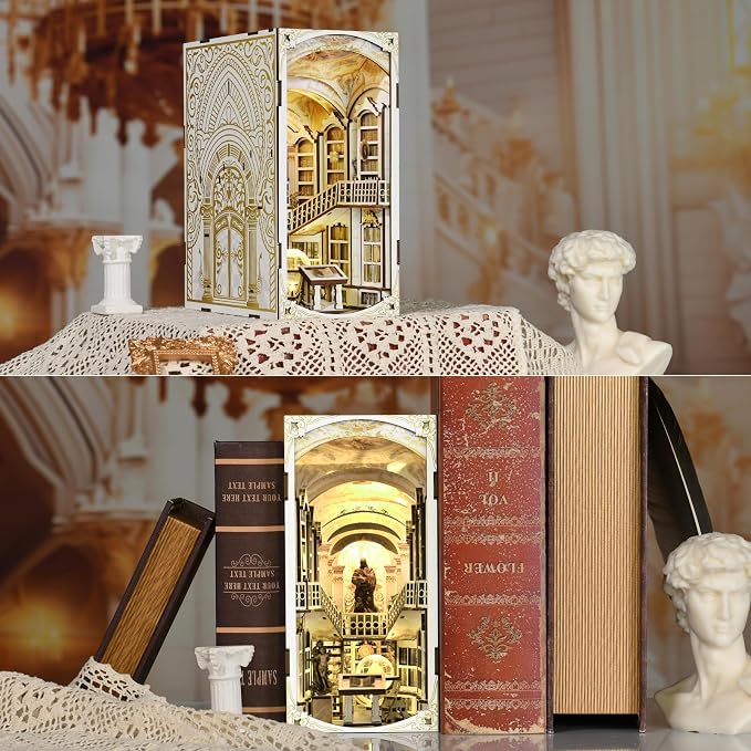 MiniCity Book Nook Kit, DIY Miniature Dollhouse Booknook Kit, 3D Wooden Puzzle Bookend Bookshelf Insert Decor with LED Light for Teens and Adults (Library of Gods)