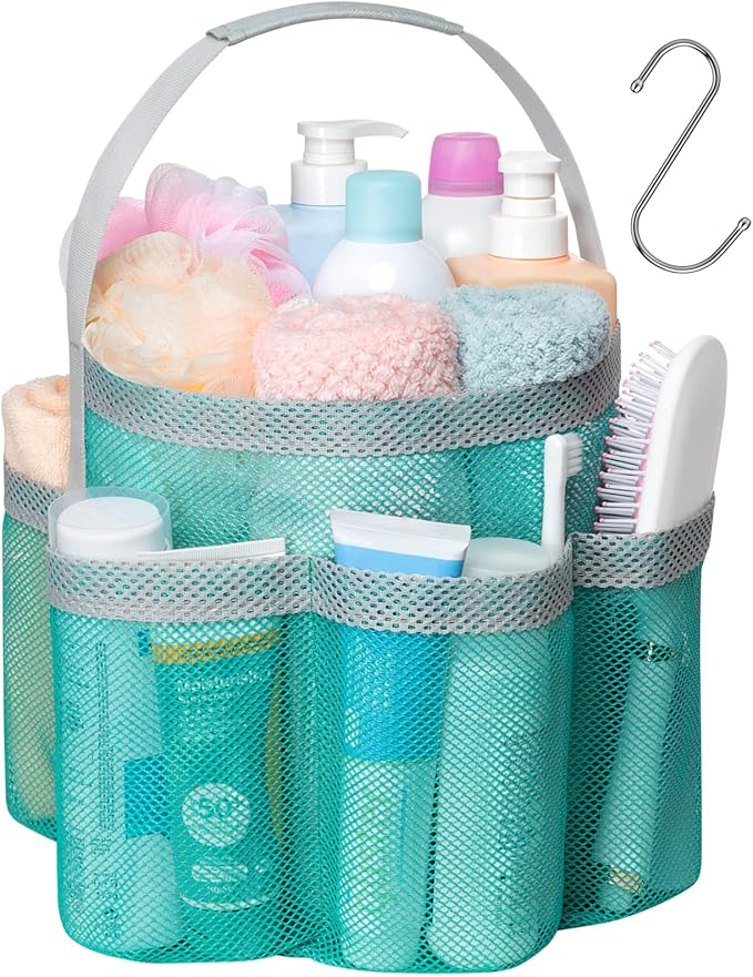 F-color Mesh Shower Caddy Portable, Large Capacity Shower Bag Basket Tote for College Dorm Room Toiletry Gym Rv Essentials, Bathroom with S Hook, Mint Green