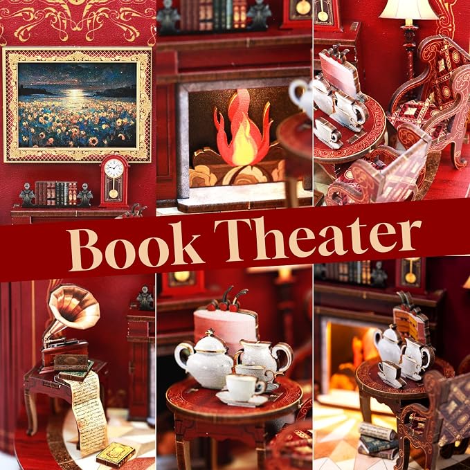 DIY Miniature House Kit,Tiny House Corner Kit Book Nook Kit for Adults,Wooden Puzzle with LED, Halloween/Christmas/Birthday Gifts for Family/Friends,Book Theater